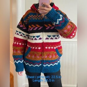NWOT Handmade Nepal 100% Wool zip up hooded sweater– Fully Lined – Oversized L